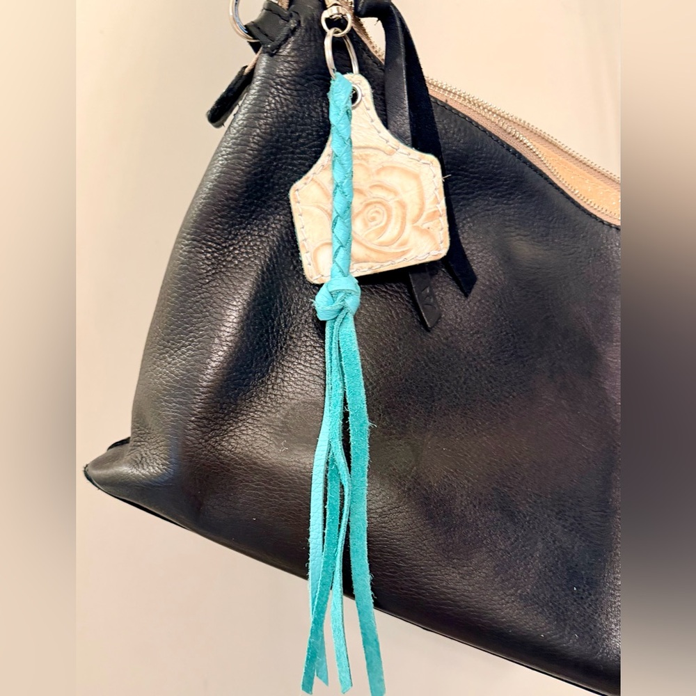 Western Cowgirl Cow Tag Tooled Leather Cream Turquoise Keychain Bag Charm Rose